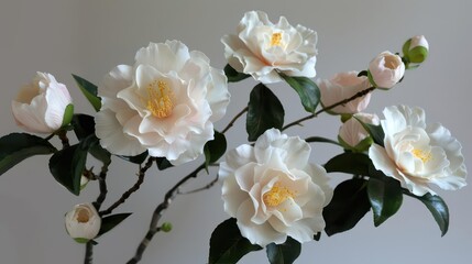 Fototapeta premium A branch of delicate, artificial camellia flowers in soft pink and white hues.