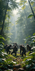 A group of apes interacting in a lush, sunlit forest.