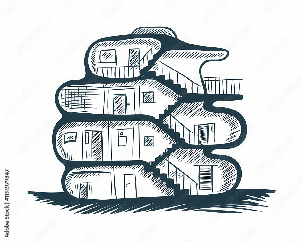 Poster abstract sketch of a multilevel building with internal staircases