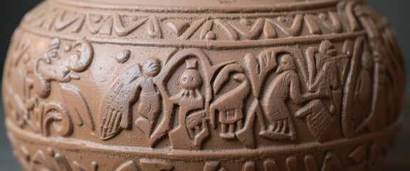 A clay pot featuring intricate carvings depicting ancient figures and symbols.