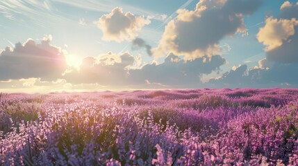 Fototapeta premium A serene lavender field under a bright sky, showcasing nature's beauty and tranquility.