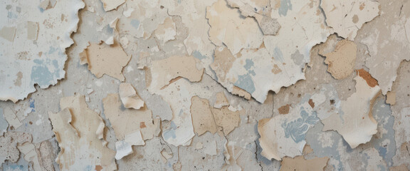 Close-up of peeling paint on a textured wall, showcasing layers and colors.