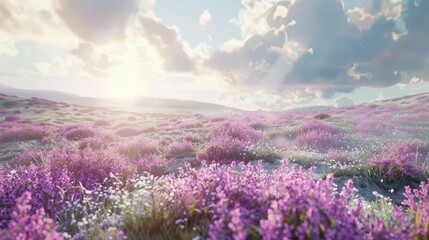 Obraz premium A serene landscape filled with vibrant purple flowers under a bright sky.