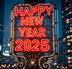 Happy New Year 2025 neon lettering.