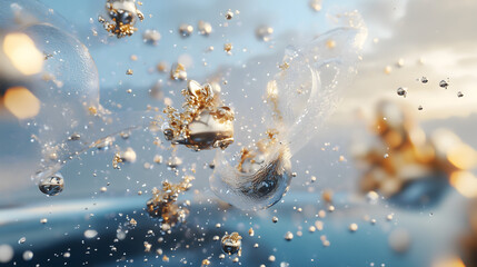 An exquisite digital artwork showcasing floating metal particles and water flow in dynamic motion, with a gold and blue color palette creating a dreamy, modern vibe.