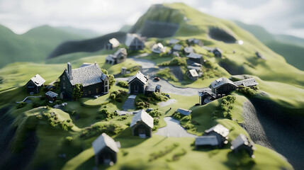 A stunning miniature model depicting a rural village on green hills, featuring lifelike houses, roads, and nature, highlighting countryside charm and artistic detail.





