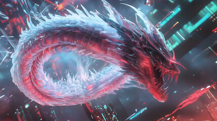 A stunning digital art piece depicting a cyberpunk ice dragon weaving through a futuristic city, with neon lights reflecting off its transparent scales, evoking a vivid sci-fi world.