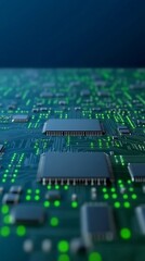 Green Circuit Board Glows Brightly Intricate microchip design detailed sharply. AI Generated