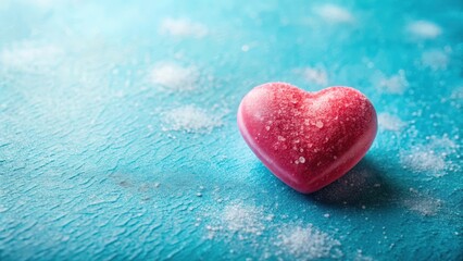 A delicate heart-shaped candy nestled on a soft blue background with subtle texture and gentle shadows, evoking feelings of sweetness and love, colorful, dessert