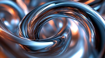An abstract 3D composition of interwoven loops and spirals, with a metallic sheen and soft ambient lighting.