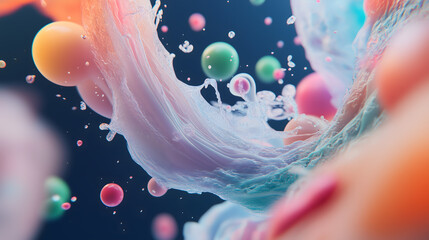 This digital artwork features vibrant colors and dynamic liquid effects, showcasing flowing liquids and suspended bubbles, ideal for modern design and creative projects.
