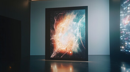 An abstract cosmic artwork displayed in a modern gallery, featuring vibrant colors, neon glow effects, and a dark background, perfect for art exhibitions.
