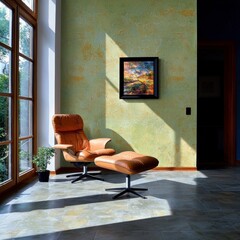 Sunlit Room  Leather Chair  Ottoman  Green Wall  Modern Interior Design