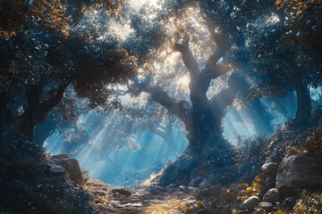 Obraz premium Sunlight filters through forest trees