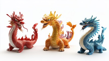 Fototapeta premium A series of Chinese dragon icons in various poses, showcasing intricate scales and vibrant designs, isolated on white
