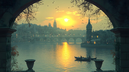 A serene and romantic riverside view of an ancient city at dusk, with golden hues of sunset reflecting off the water, a small boat beneath the bridge, and distant city lights creating a poetic and his