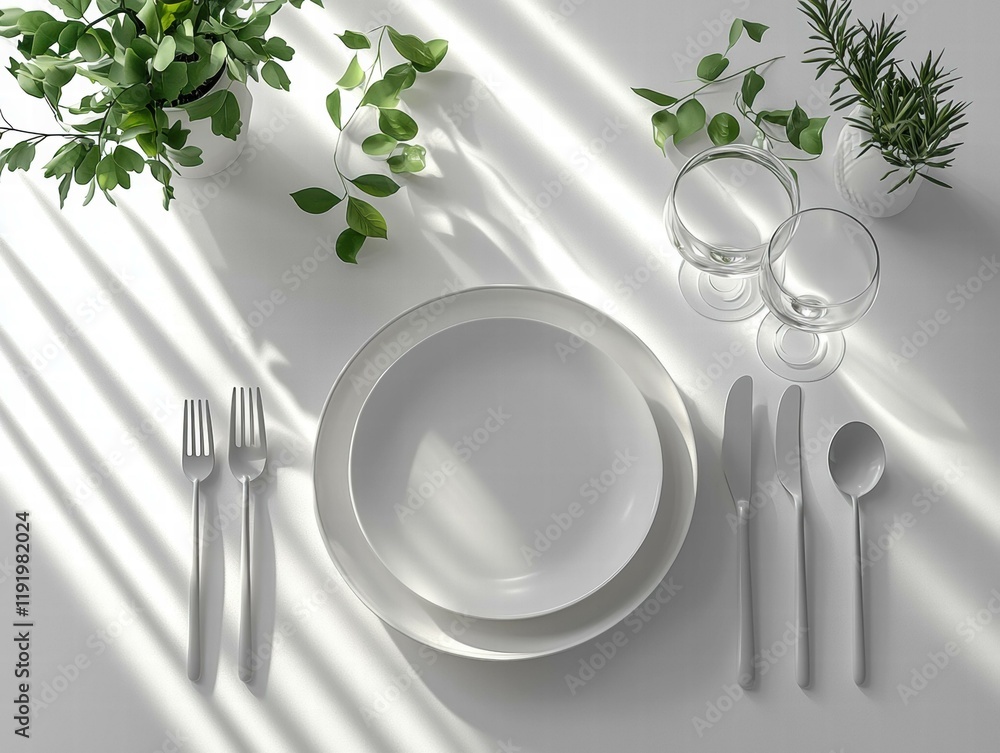 Poster elegant table setting with sunlight. ai.