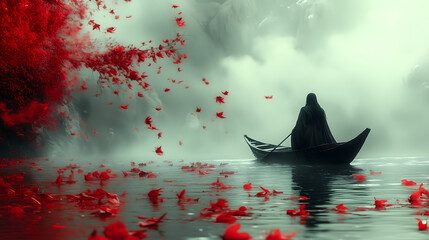 A small boat drifts along a misty river as red leaves dance in the air, creating an atmosphere of mystery and tranquility.