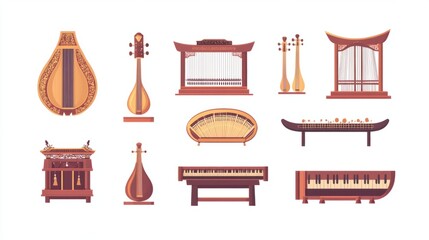 A series of icons featuring traditional Chinese musical instruments, including guzheng and erhu, isolated on white