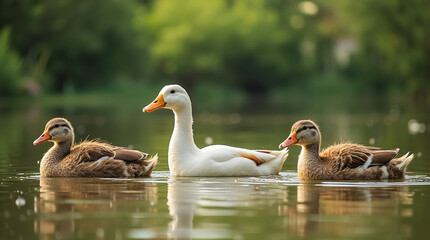 Obraz premium Duck in water in forest, Mallard duck in water in forest, Ducks on pond, Goose in water in deep forest