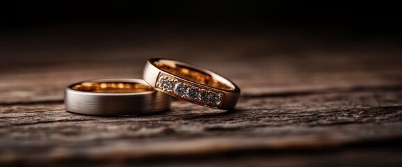Elegant Wedding Rings on Rustic Wood