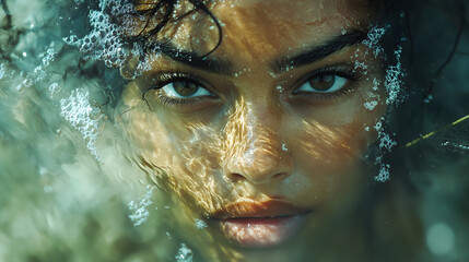A close-up underwater portrait of a woman with shimmering light effects on her face, deep eyes, and a mysterious atmosphere creating a captivating scene.