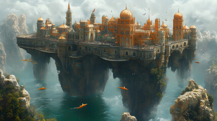 A magnificent castle suspended above a deep canyon, surrounded by flying vessels and flowing water, presenting a fantasy and epic visual effect as if set in a magical world.