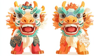 Fototapeta premium A set of Chinese dragon dance icons, showcasing intricate head designs and festive colors, isolated on white