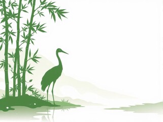 Funeral flyer featuring a crane silhouette and bamboo stalks in soft green and white tones.