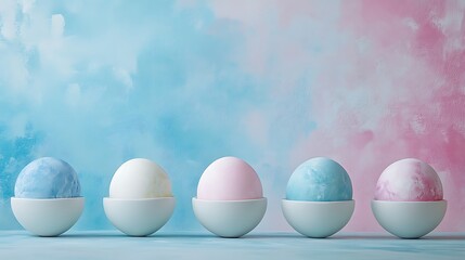Pastel Easter eggs in bowls, blue pink background, spring holiday