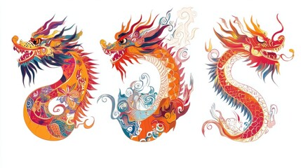 Fototapeta premium A set of Chinese dragon dance icons, showcasing intricate head designs and festive colors, isolated on white