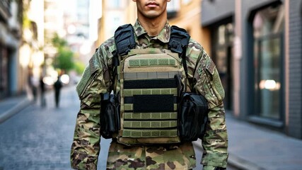 Soldier stands confidently in urban setting while wearing tactical gear during daylight hours