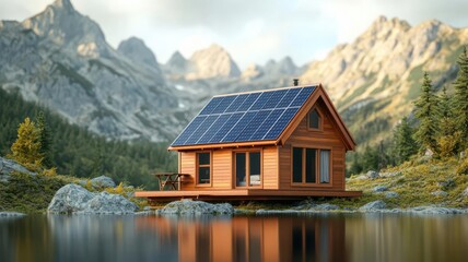 Fototapeta premium Tiny house, sustainable materials and solar panels, off-grid setting, 3D illustration