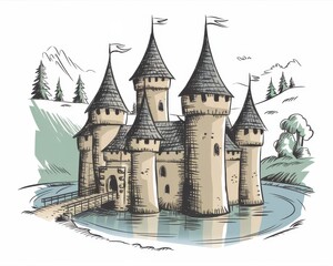 Obraz premium Majestic Medieval Castle by a Tranquil Lake