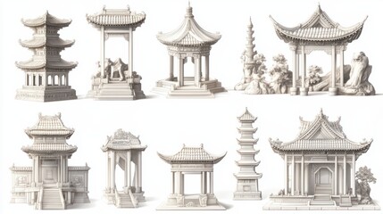 Obraz premium A set of Chinese temple icons, including detailed pagodas and shrines, designed in a classic style, isolated on white