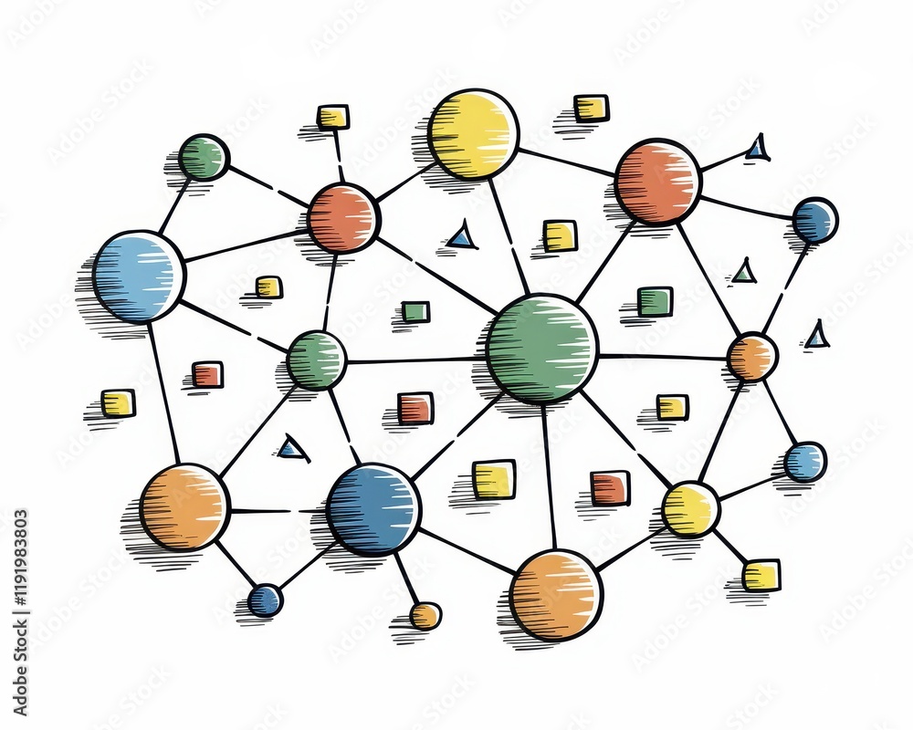 Poster colorful network illustrating interconnected nodes and data