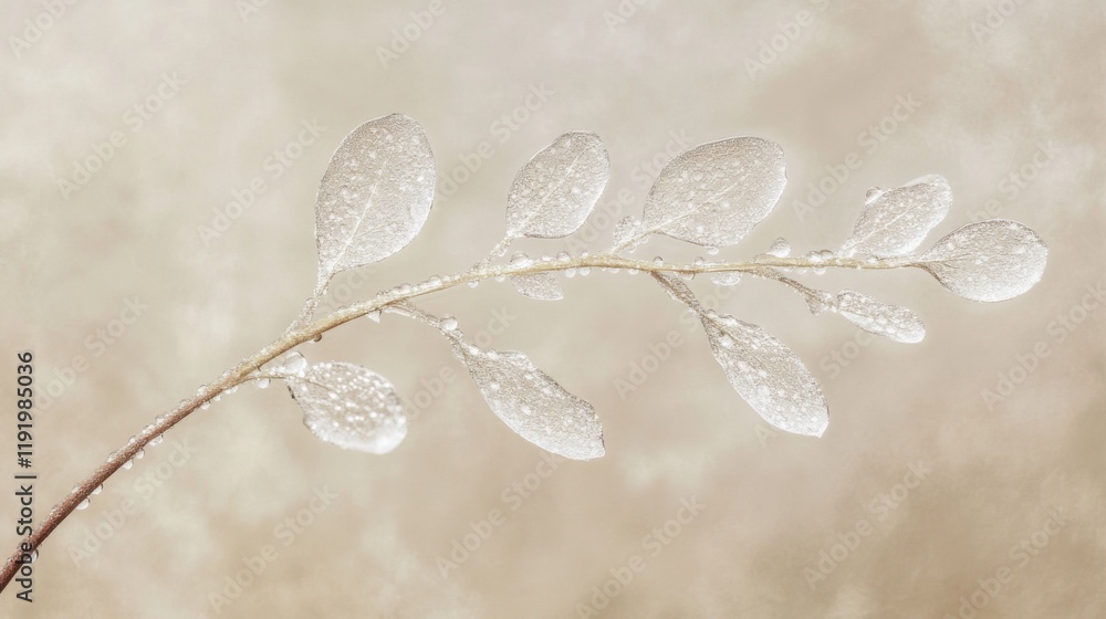 Poster an artistic composition of a single flower stem with dew-covered petals against a blurred background