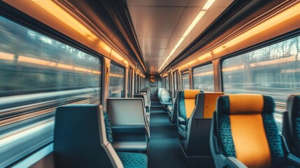 An interior shot of a high-speed train cabin, featuring comfortable seating, large windows, and passengers enjoying the smooth ride, highlighting a luxurious travel experience.