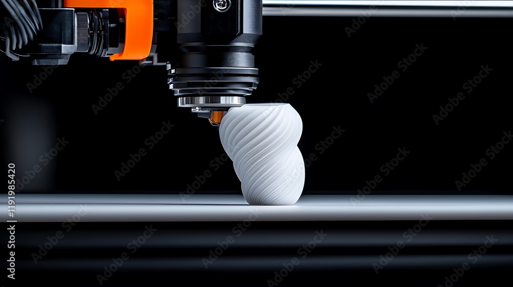 Poster close-up of 3d printer creating a white spiral object.
