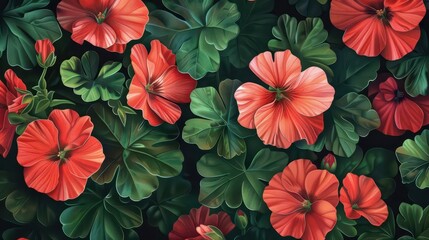 A vibrant arrangement of red flowers and green leaves, showcasing natural beauty.