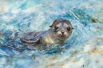 Fototapeta premium Watercolor painting of an adorable baby seal swimming in blue ocean water