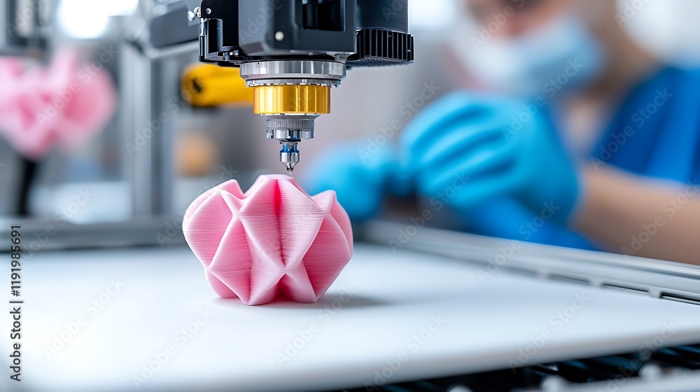 Poster close-up of 3d printer creating pink geometric object; technician in background.