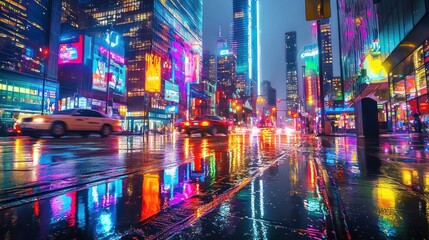 Neon Cityscape Reflections in the Rain