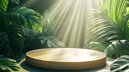 Obraz premium Empty Wooden Round Tray on a Table with Lush Tropical Green Leaves in the Background