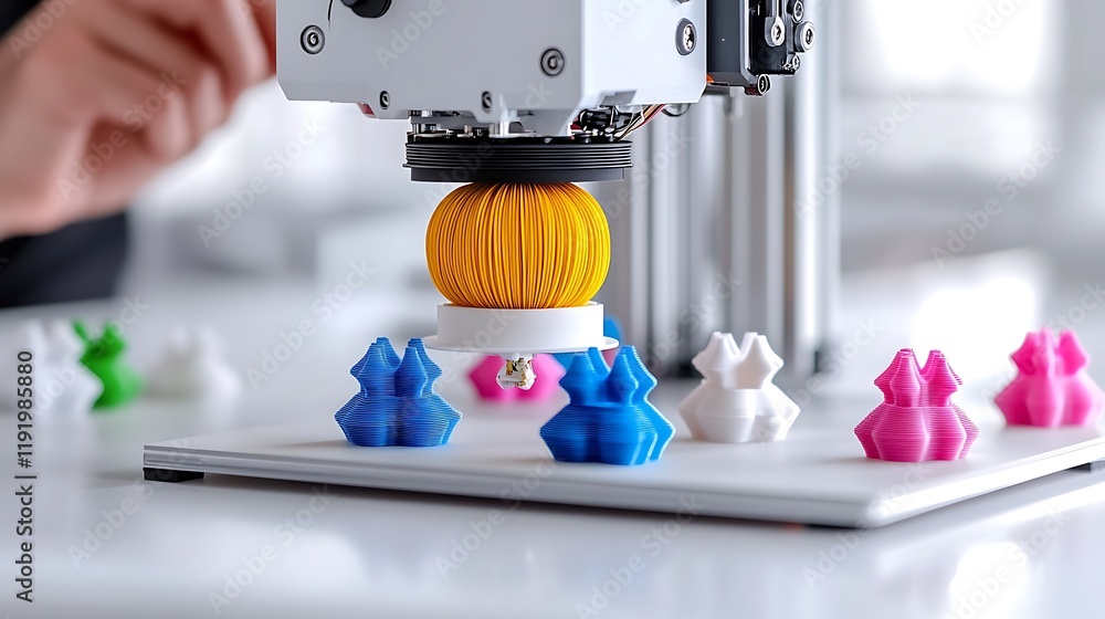 Poster close-up of 3d printer creating yellow sphere, colorful objects on platform.