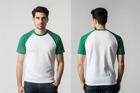 man wearing a white and green short-sleeve raglan t-shirt mockup front and back used as design template