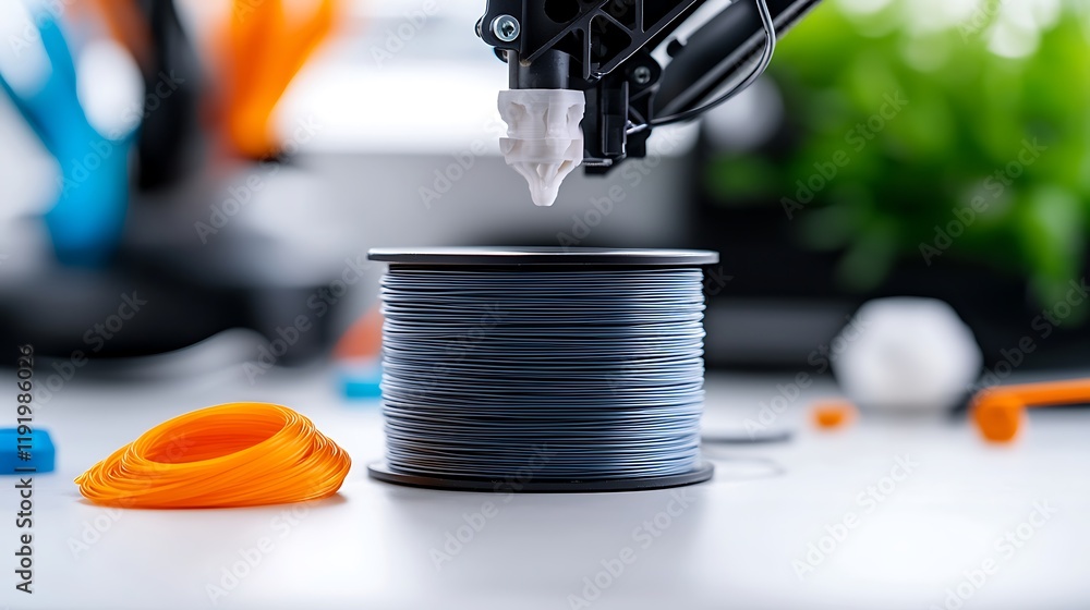 Aufkleber close-up of 3d printer nozzle above filament spool, showing printing process.