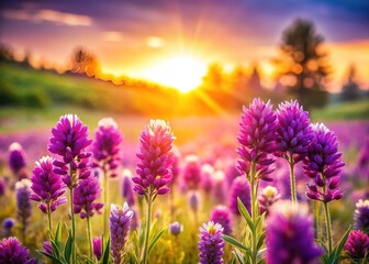 Naklejka premium Backlit Purple Wanderer Flowers: Sharp, Bright, Magical Meadow