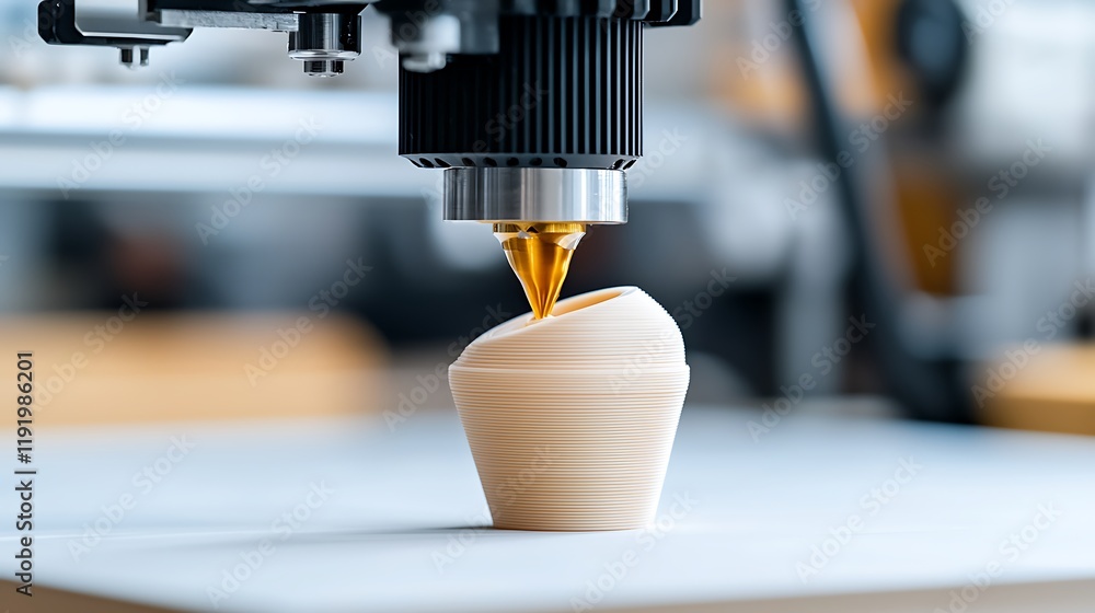 Poster close-up of 3d printer nozzle creating a beige object.