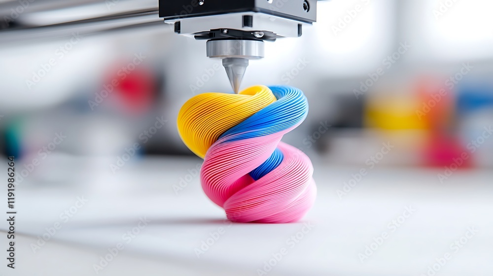 Poster close-up of 3d printer nozzle creating a colorful spiral object.